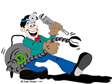 Drain Doctor logo, Plumber dressed as a Doctor with a drain cleaner